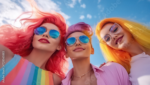 Group of women with rainbow flag in summer , LGBQ concept