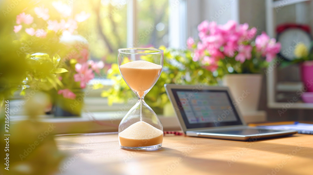 hourglass with sand halfway through on a bright table with flowers and a tablet in the background, suggesting time management and work-life balance hourglass with sand halfway through on a bright table with flowers and a tablet in the background, suggesting time management and work-life balance