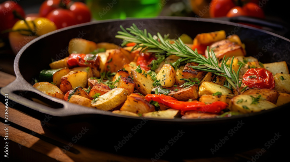 cast iron skillet with sizzling vegetables and herbs, capturing the aroma of a delicious home-cooked meal cast iron skillet with sizzling vegetables and herbs, capturing the aroma of a delicious home-cooked meal