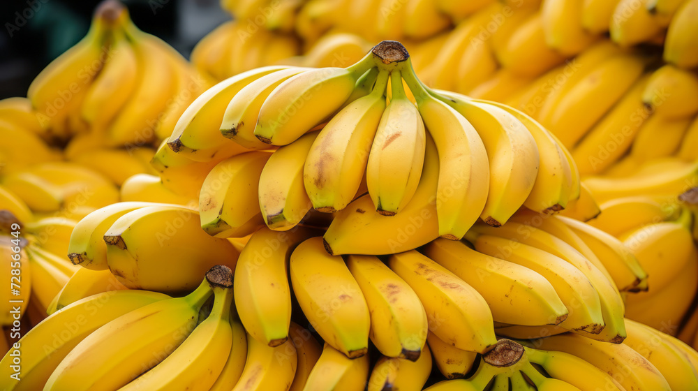 close up of a bunch of fresh bananas at the market, food background