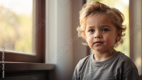 Young toddler boy kid looking through Window