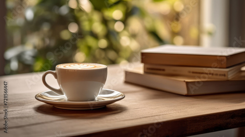 cup of coffee on a wooden table with books in the background, evoking the coziness of a quiet morning