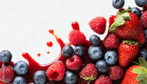 Berries sauce splash, berries sauce flowing, close up, 3d illustration, copy space on a side