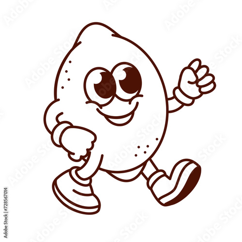 Groovy cartoon monochrome lemon character with cute face. Funny retro citrus sour fruit walking with smile to make lemonade, lemon mascot, cartoon food sticker of 70s 80s style vector illustration