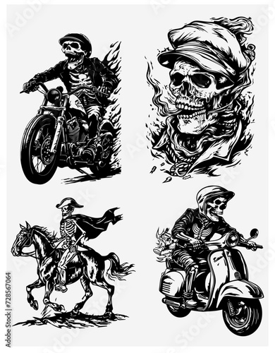 skeleton skull  ride motorcycles set. 