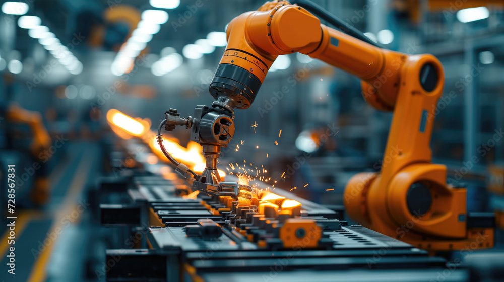 The process of decorating automotive parts using a robot arm. The process of producing high-tech automotive parts using a robot system.