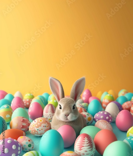 Little bunny and decorated eggs on yellow background with copy space. Happy easter background.