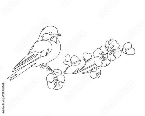 Abstract small bird perched on blooming tree branch. © Tanya Syrytsyna