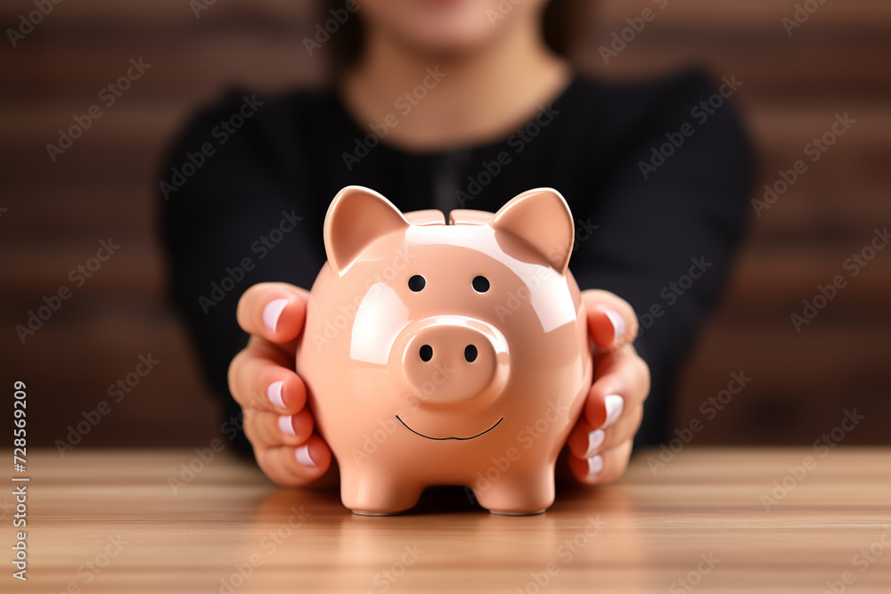 Woman hand holding piggy bank on wood table. Save money and financial investment, keeping the financial during recession concept. Woman hand holding piggy bank on wood table. Save money and financial investment, keeping the financial during recession concept.