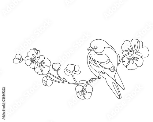 Abstract small bird perched on blooming tree branch.