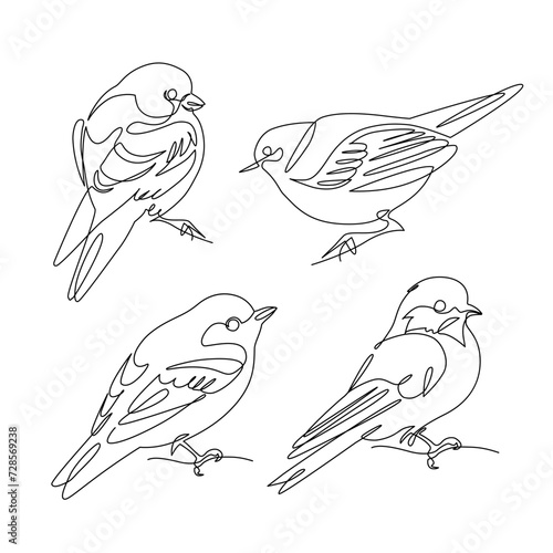 Abstract small birds perched on branch drawing. Birds set continuous one line drawing.