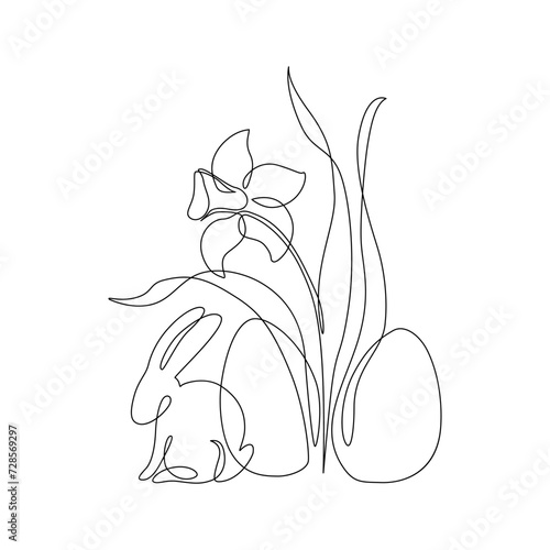 Abstract bunny, eggs, blooming narcissus flower. Easter bunny continuous one line drawing.