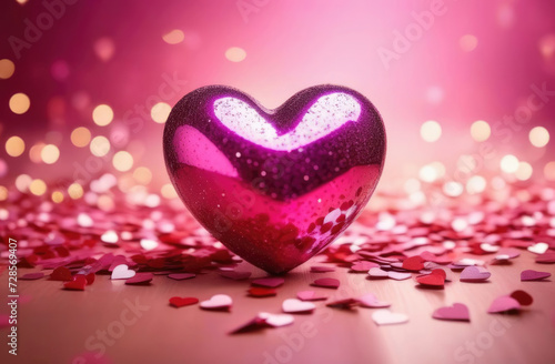 Glass pink heart on shimmering surface with confetti  festive background  glitter  warm blurred bokeh light. Valentine s Day celebration  declaration of love  festive background