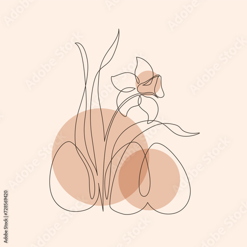 Abstract eggs, narcissus flower shapes background. Easter continuous one line drawing