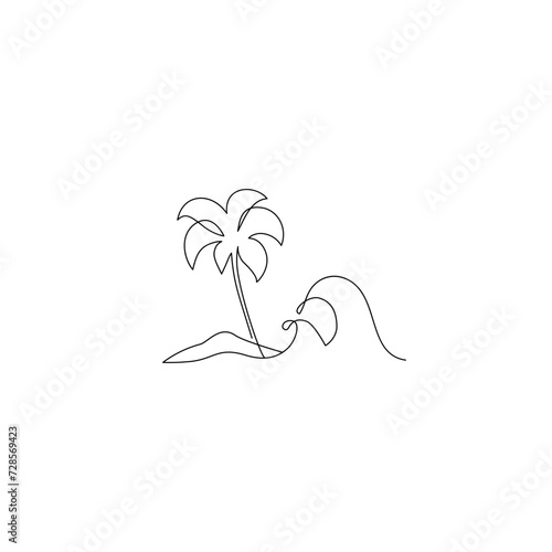 Palm tree, mountain, sea one line drawing art. Abstract tropical island continuous line.