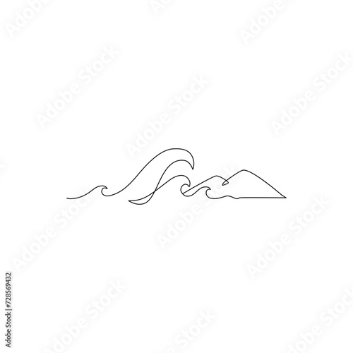 Sea waves, mountain one line drawing art. Abstract wave, tropical island continuous line.