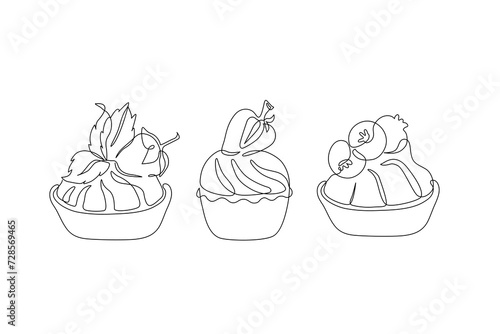 Continuous one line drawing of cake slices with strawberries, blueberry. © Tanya Syrytsyna
