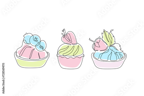 Continuous one line drawing of cake slices set with strawberries, blueberry. © Tanya Syrytsyna