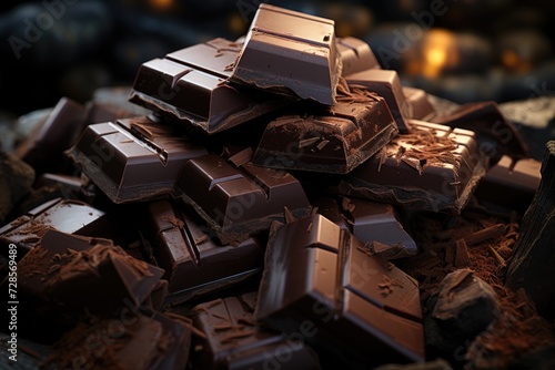 Upper view of dark chocolate blocks broke into pieces, generative IA