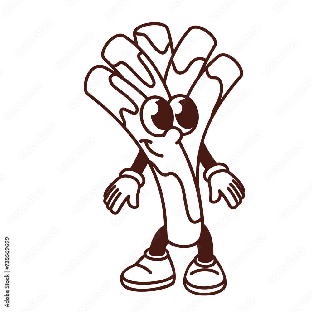 Obraz premium Groovy cartoon monochrome leek character with funny smile on cute face. Retro vegetable mascot, cartoon leek with arms and legs standing, healthy food sticker of 70s 80s style vector illustration