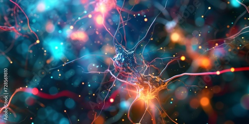 Synaptic sparks, with electric bursts of color and light, symbolizing the firing of neurons and the transmission of information in the brain