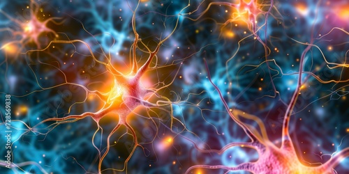 Synaptic sparks, with electric bursts of color and light, symbolizing the firing of neurons and the transmission of information in the brain photo