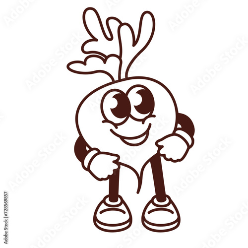 Groovy cartoon monochrome beetroot character with leaf. Funny retro root vegetable with happy face, farm harvest mascot. Cartoon food emoji, sugar beet sticker of 70s 80s style vector illustration