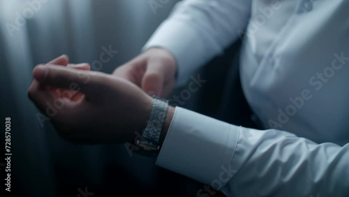 businessman getting dressed and putting on a watch close-up of hands photo