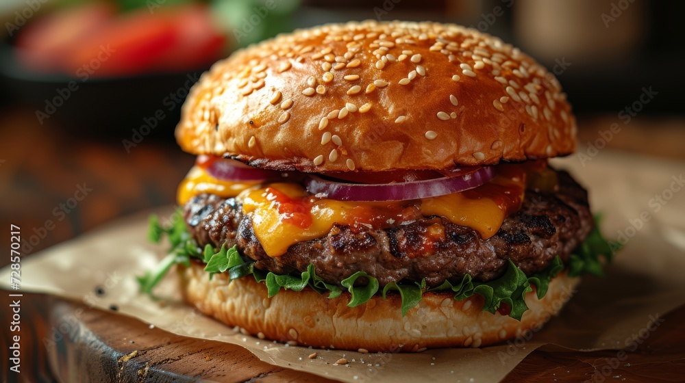  "Close-up d'un cheeseburger classique avec sesame, steak, fromage fondu, tomate, oignon rouge et laitue, sur planche en bois." - obrazy, fototapety, plakaty 