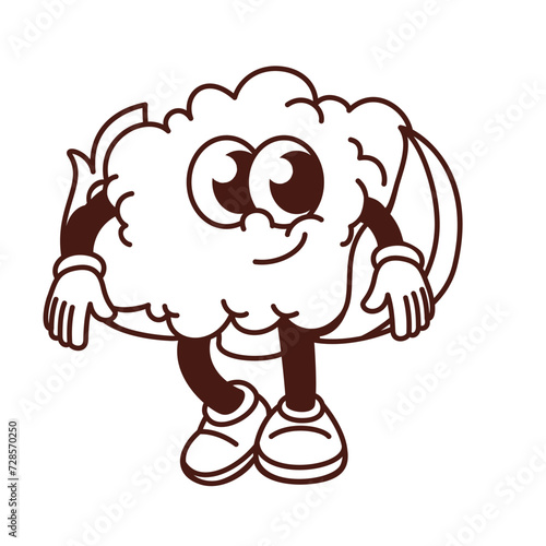 Groovy cartoon monochrome cauliflower character with cute comic face. Funny retro vegetable with smile walking, friendly cauliflower mascot, cartoon funky cabbage sticker vector illustration