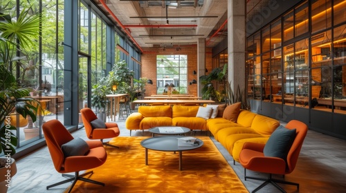 "Espace intérieur moderne avec sofas orange et jaunes, fauteuils rouges, table basse, sol en béton poli, éclairage lumineux et vue extérieure."