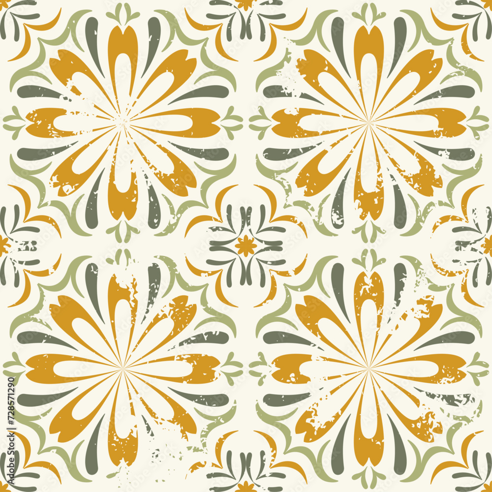 Fototapeta premium The classic design of ceramic tiles with floral and leaf elements. Shades of green and yellow. Inspired by Mexican floral mosaic and Mediterranean aesthetics. Textured retro tiles.