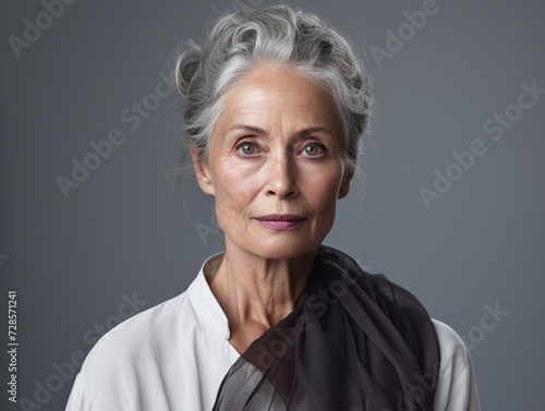 Elderly woman on a gray background. Confident mature woman looking at the camera.