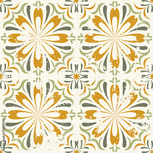 The classic design of ceramic tiles with floral and leaf elements. Shades of green and yellow. Inspired by Mexican floral mosaic and Mediterranean aesthetics. Textured retro tiles.