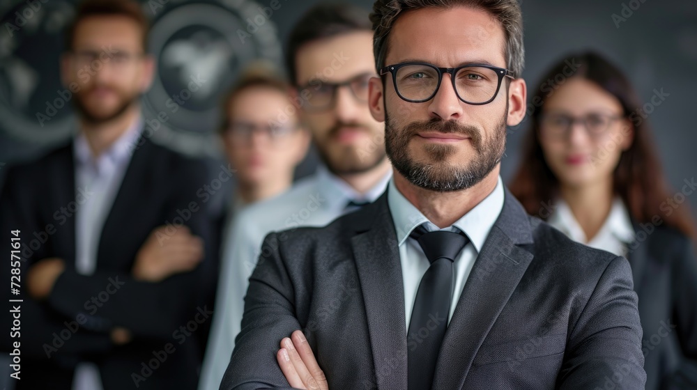Portrait of confident businessman standing with arms crossed in front of his team Portrait of confident businessman standing with arms crossed in front of his team