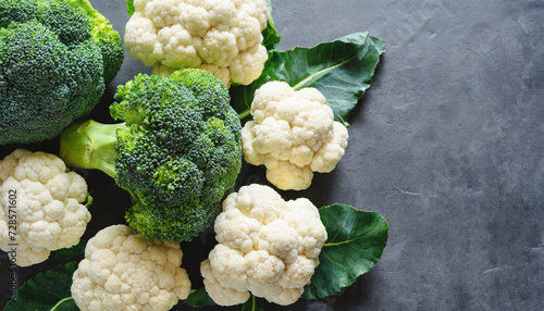 Broccoli, white cauliflower, copyspace on a side