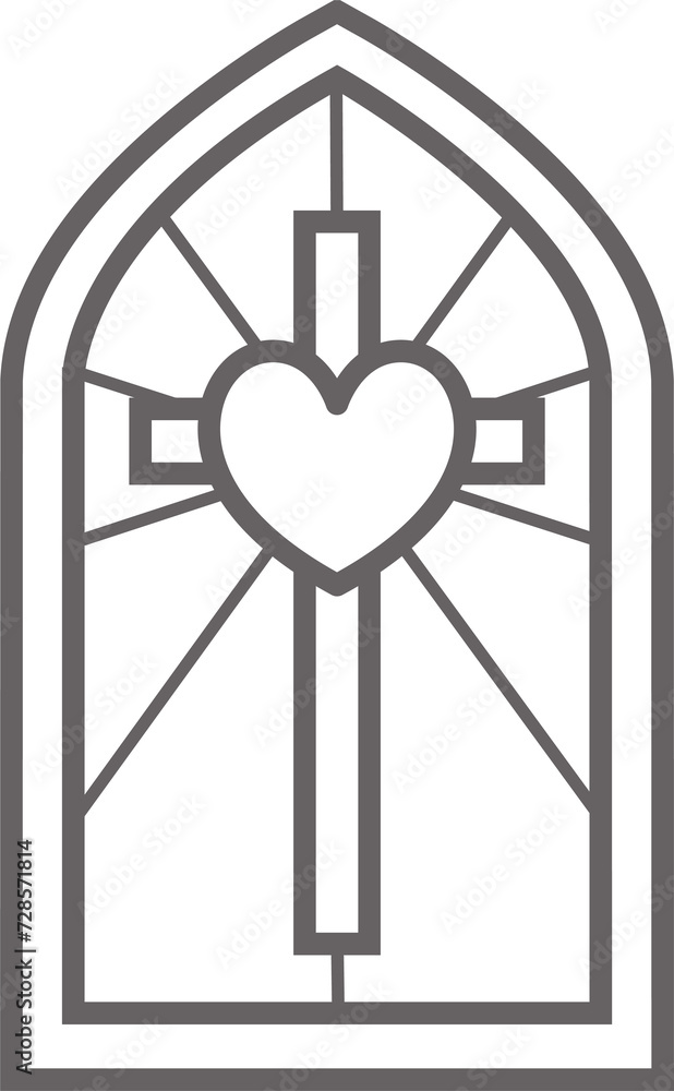 Church glass window. Stained mosaic catholic and christian frame with cross and heart. Gothic medieval outline arch Church glass window. Stained mosaic catholic and christian frame with cross and heart. Gothic medieval outline arch