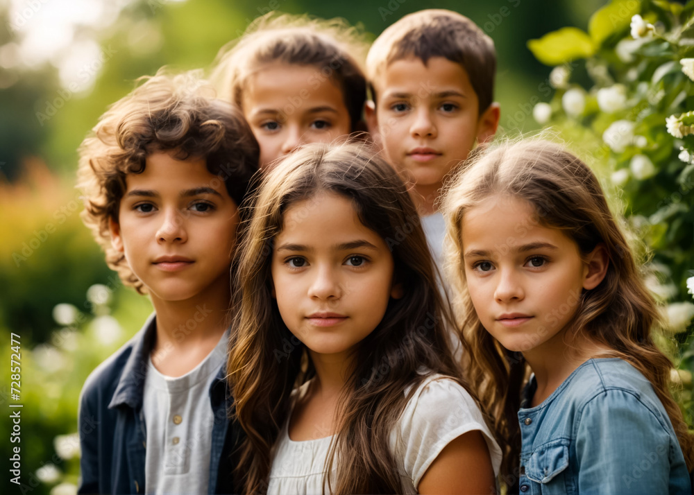 A group of children, boys and girls, pose for a photo in the garden. Generative AI