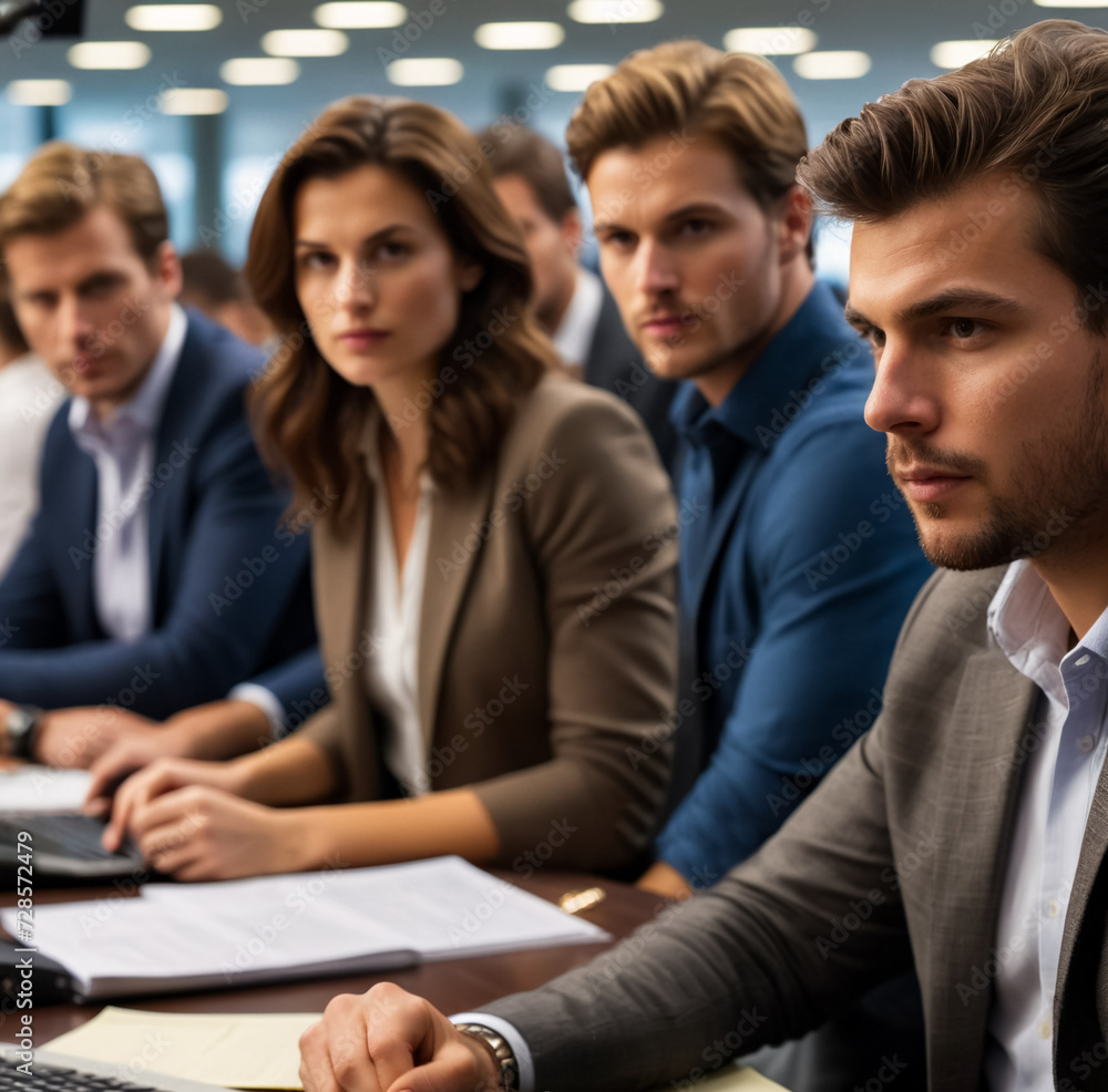 A group of office workers are discussing at the table. Generative AI A group of office workers are discussing at the table. Generative AI