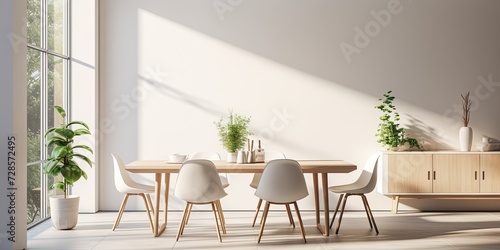 Bright modern dining room with table, chairs, and large window in white-walled apartment. © Lasvu