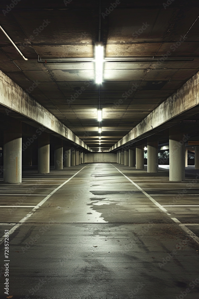 An empty multi level parking lot at night