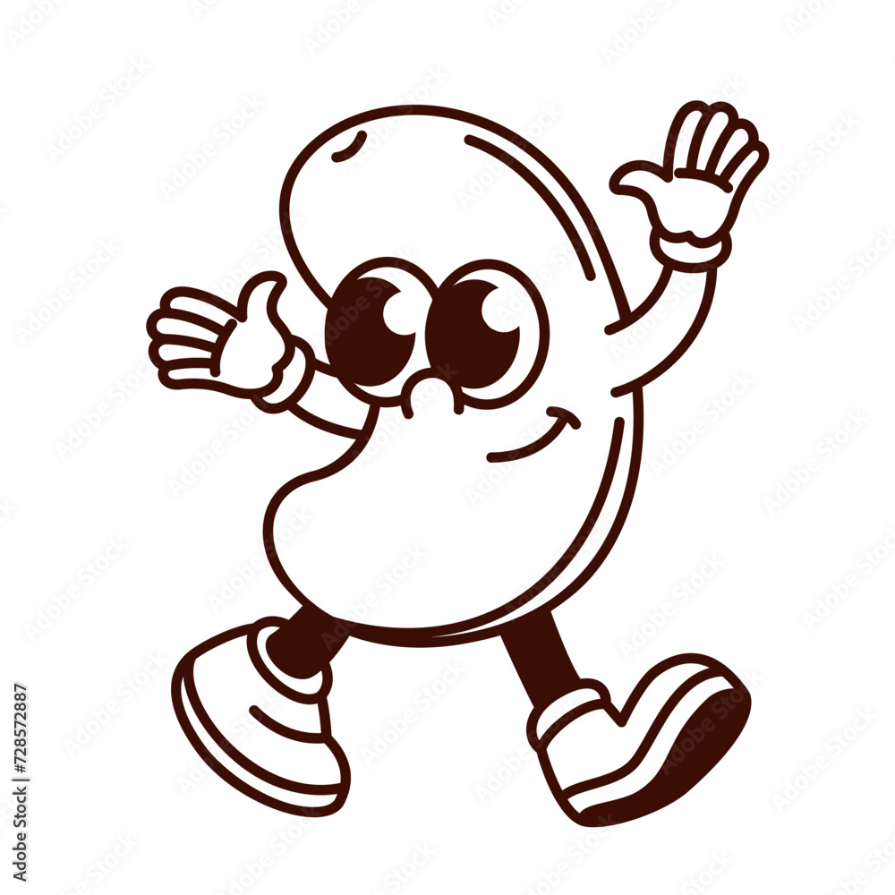 Groovy cartoon monochrome cashew character with hands up. Funny retro dry seed walking and greeting, happy nut mascot, cartoon nutty snack emoji and happy cashew sticker of 70s 80s style vector