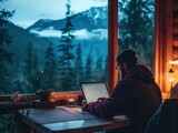 A professional working on a laptop from a mountain cabin