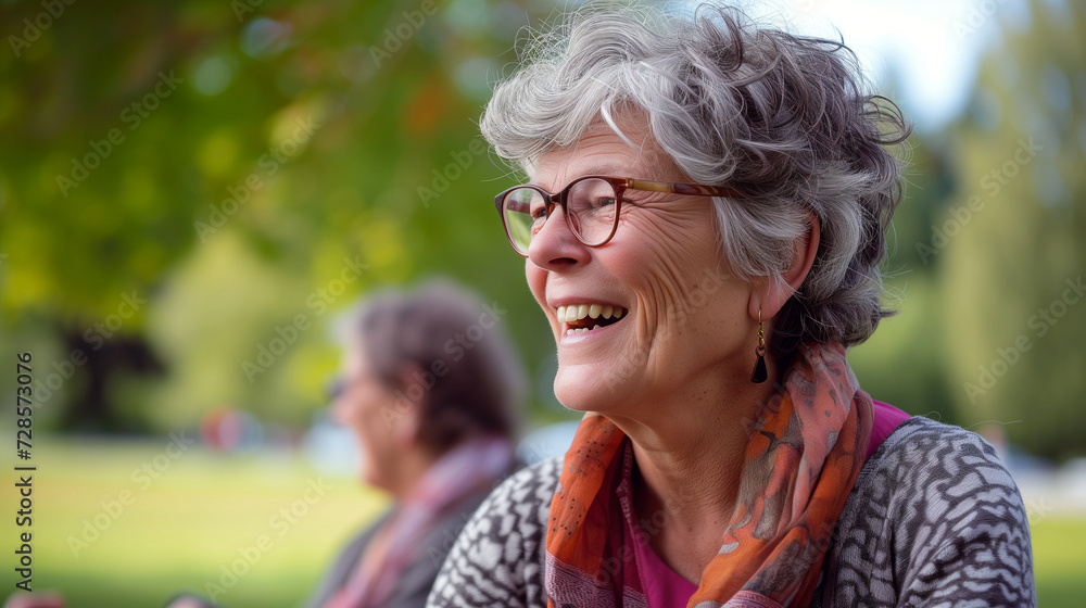 Image of a smiling elderly woman in a park surrounded by nature. Show love and happiness together during retirement. Image of a smiling elderly woman in a park surrounded by nature. Show love and happiness together during retirement.