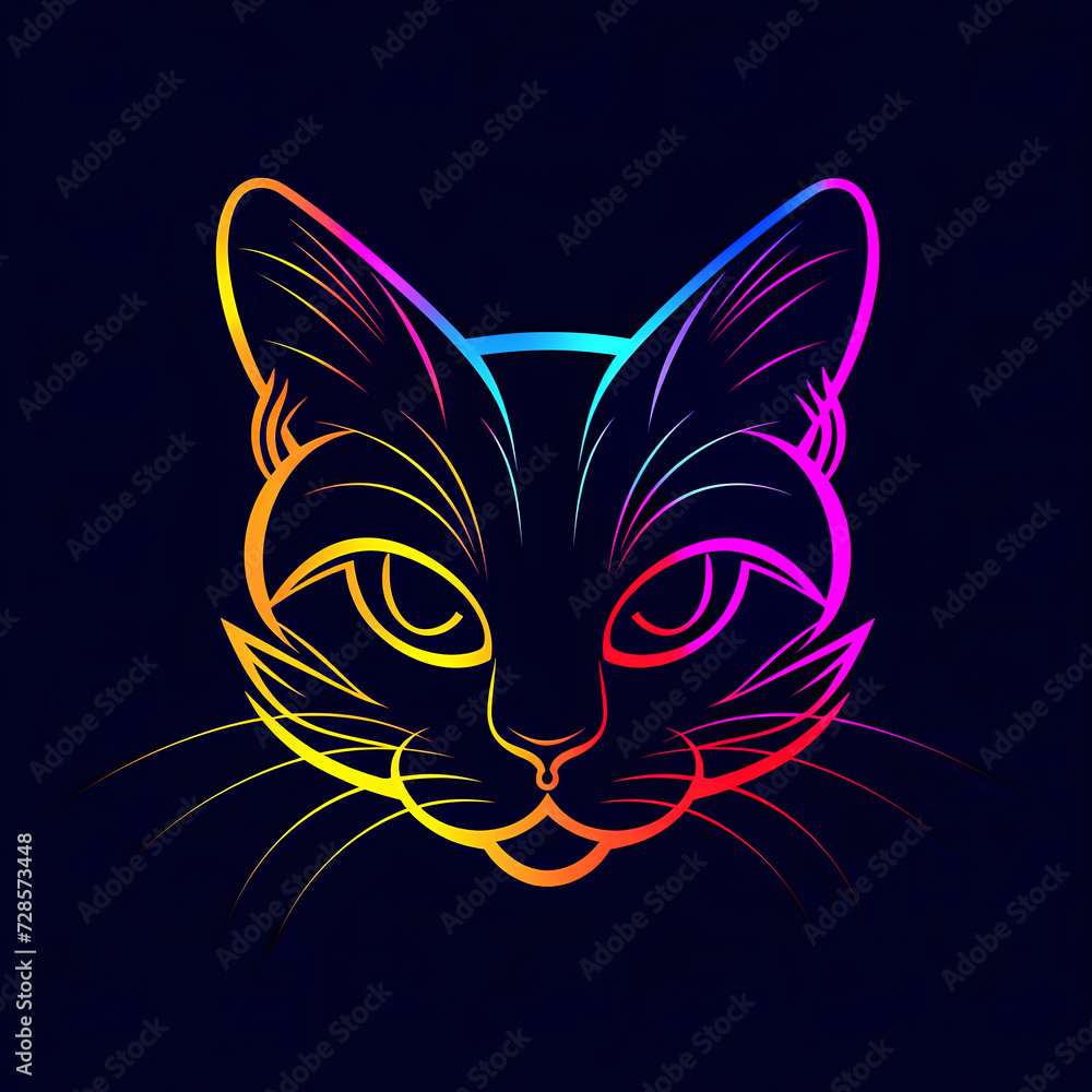 Neon flat cat logo illustration. 