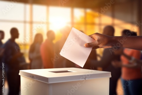 Hand casting a ballot with diverse voters in the background at sunset photo