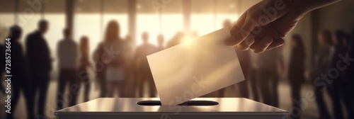 Hand submitting vote in ballot box with blurred crowd at sunset in the background