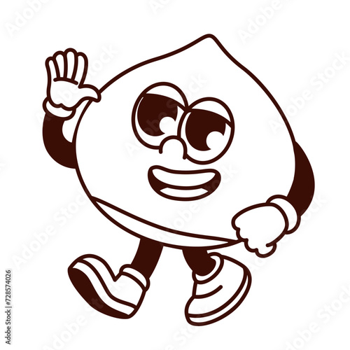 Groovy cartoon monochrome chestnut character with smile and hand up. Funny retro nut walking to meet friend, chestnut mascot greeting and waving, cartoon food sticker of 70s 80s style vector