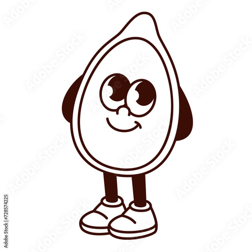 Groovy cartoon monochrome pumpkin seed character with cute face. Funny retro dry grain in shell standing in modest pose, pumpkin mascot with arms and legs, cartoon sticker of 70s 80s style vector