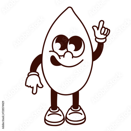 Groovy cartoon monochrome almond character with finger up and down gesture. Funny retro nut with funky face dancing, dry almond mascot, cartoon snack sticker of 70s 80s style vector illustration
